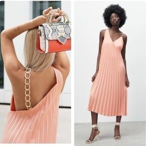 Zara NWT pleated dress with chain strap peach​